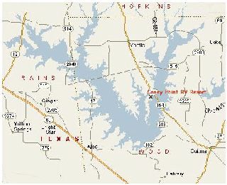 Lake Fork map and location of Caney Point RV Resort