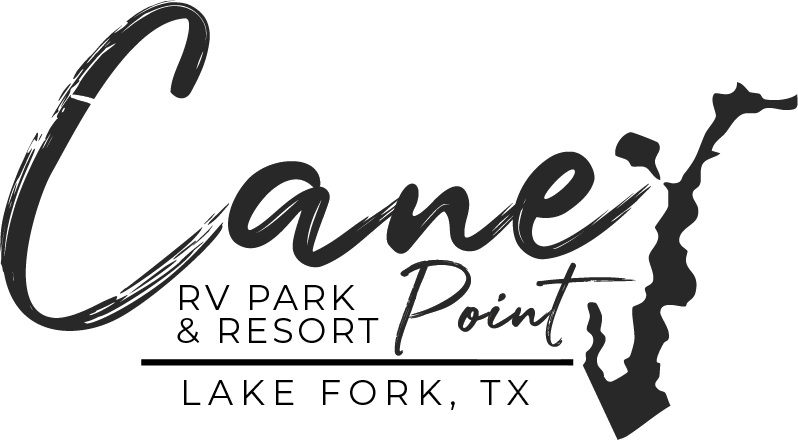 Cane Point RV Park & Resort logo with stylized text and a lake shoreline outline on the right. Lake fork RV parks, Lake fork RV lots near me, Lake fork RV fishing resorts